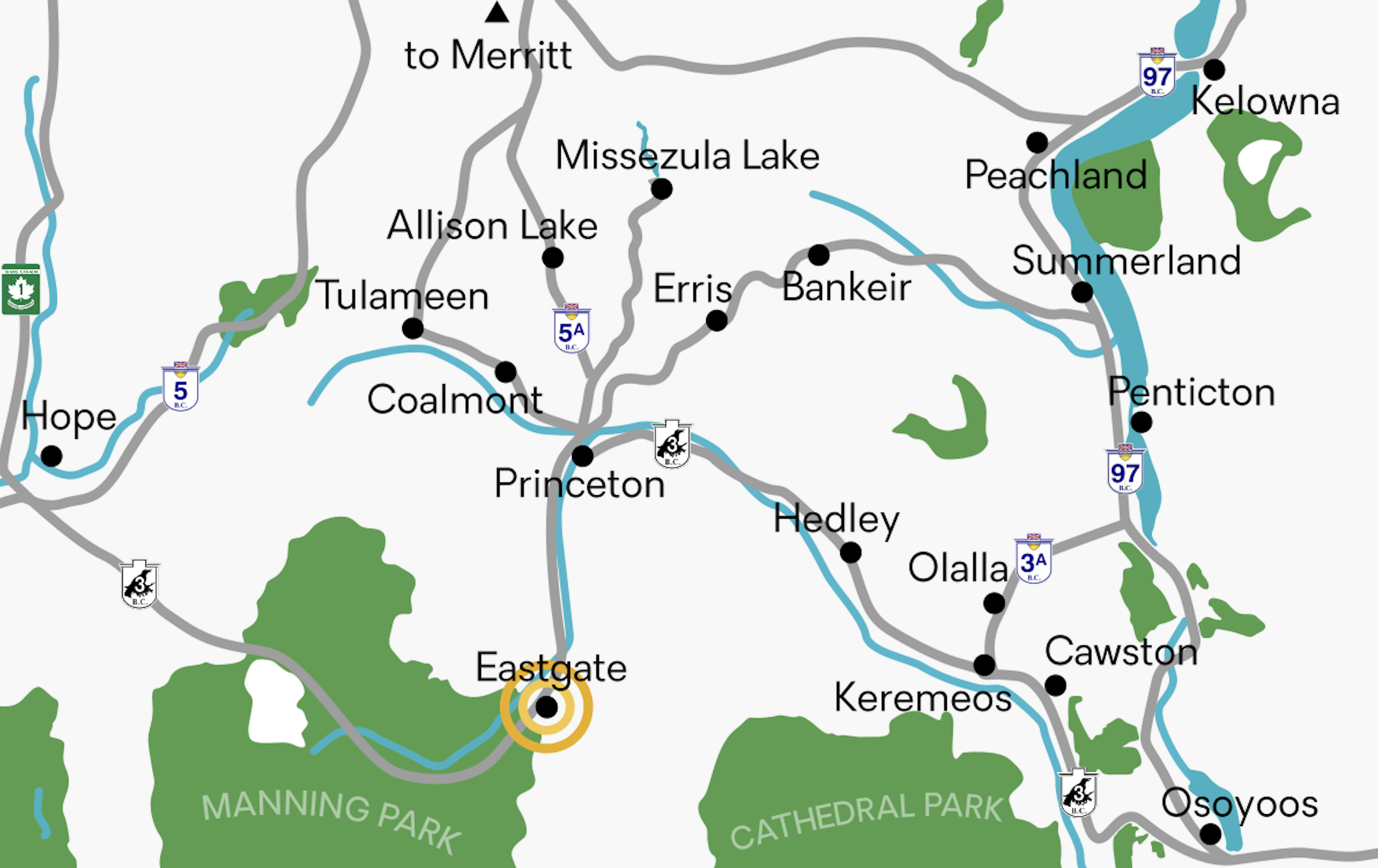 eastgate british columbia canada situated in the similkameen river basin just east of manning park near the alpine ski slopes and positioned on highway 3 known as the crowsnest corridor